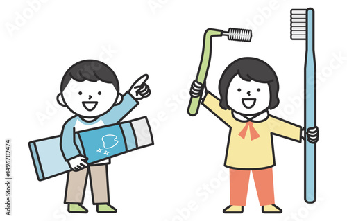 歯ブラシと歯磨き粉を持つ子供のイラスト　虫歯予防・歯みがき習慣のシンプルでかわいいイメージ
