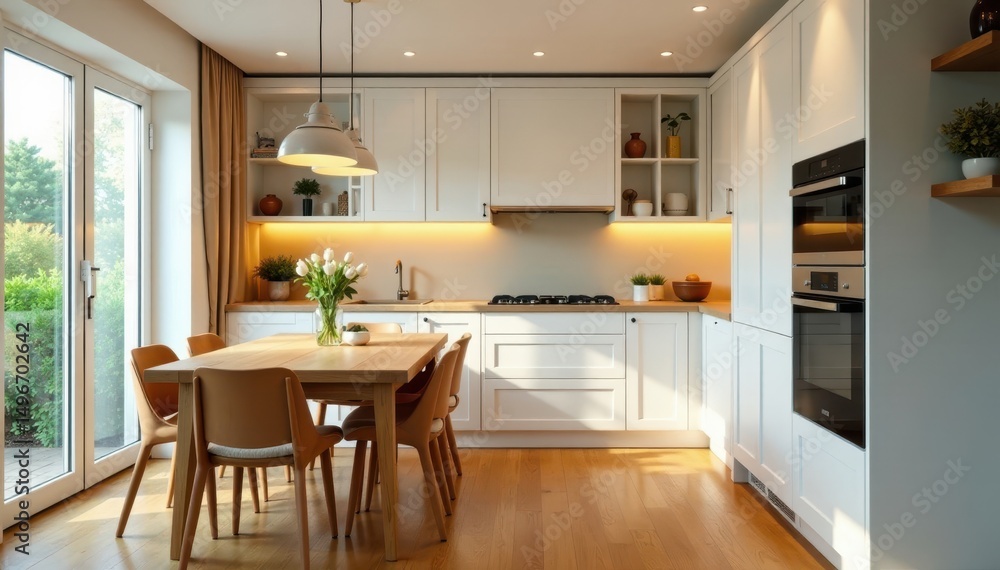 Fototapeta premium Cozy kitchen, built-in appliances, hardwood floors, hardwood, floors