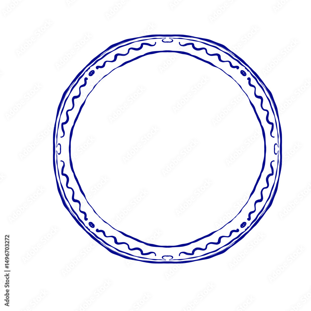 Round decorative frame with wavy border, blue outline sketch Round decorative frame with wavy border, blue outline sketch