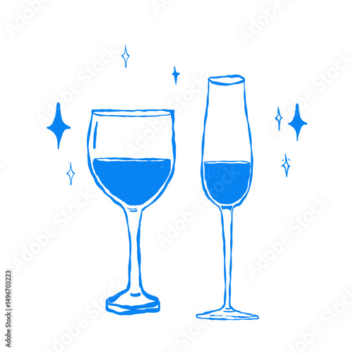 Sparkling wine glasses in blue outline style with festive vibe