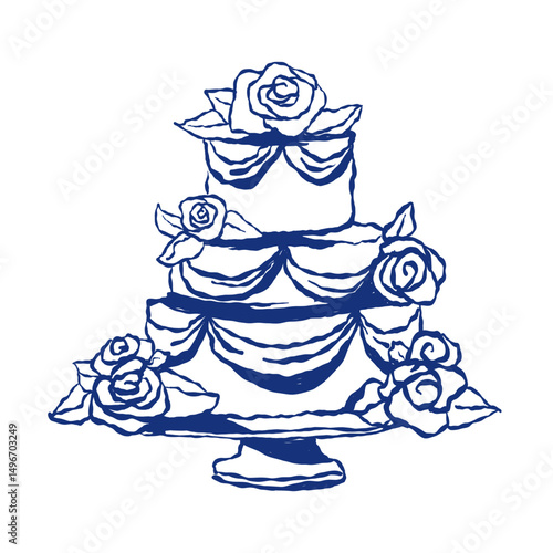 Vector illustration of a three-tier wedding cake richly decorated with blooming roses and layered drapery. Drawn in blue outline style, for invitations, branding, packaging, and celebration visuals.