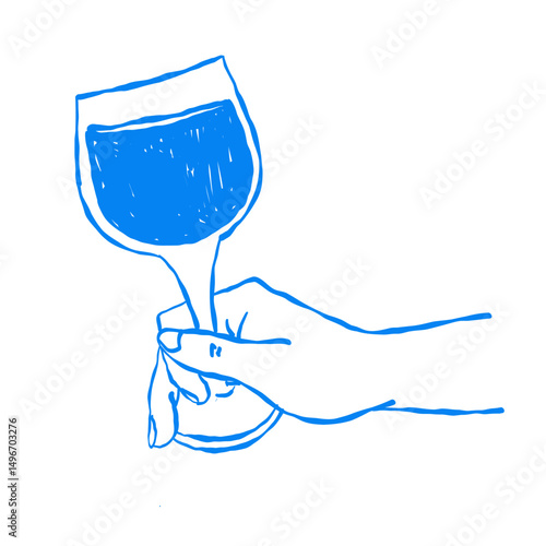 Wine glass held by hand, bold blue outline vector illustration