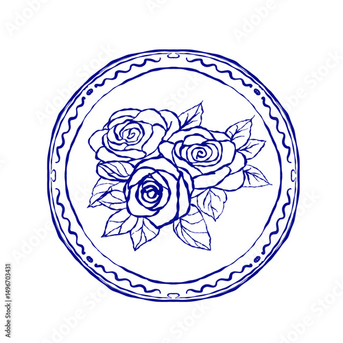 Rose bouquet inside round ornamental frame, blue outline floral illustration