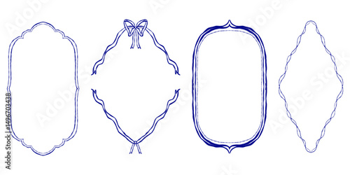 Set of four decorative frames — vintage shapes and ribbon border, blue outline