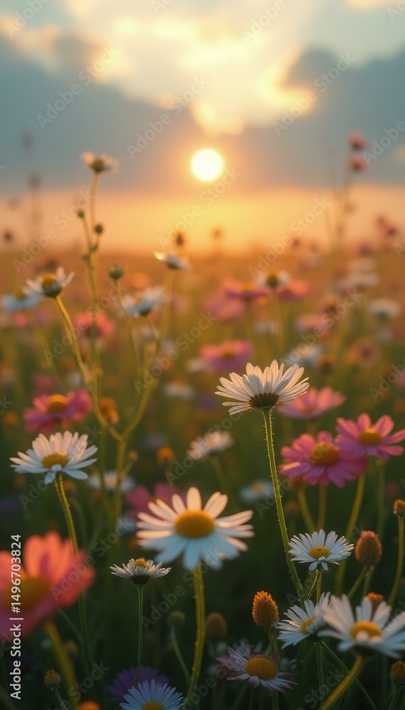 Obraz premium Dreamy meadow flowers at sunset with daisy petals and golden light enhancing the field's delicate beauty