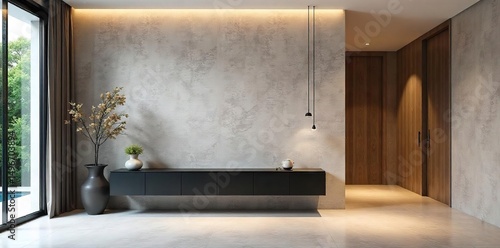 Modern foyer with textured wall, stylish lighting, and a sleek console table  Perfect for interior design inspiration and home decor projects ,  decoration,  chic