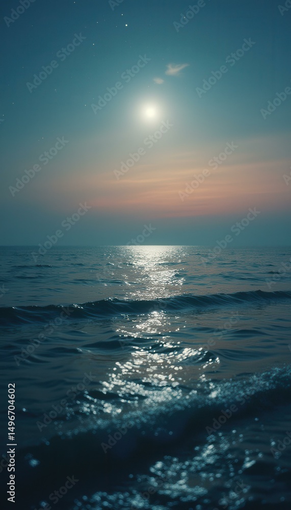 Fototapeta premium Serene Ocean at Night: Moonlit Water, Gentle Waves, Tranquil Twilight Sky, and Sparkling Reflections