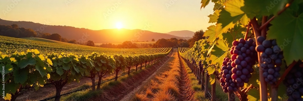 Fototapeta premium Sun-drenched vineyard rows stretching to the horizon, ripe grapes hanging heavy on the vines, ready for harvest A picturesque scene of autumnal wine country , peaceful, winery