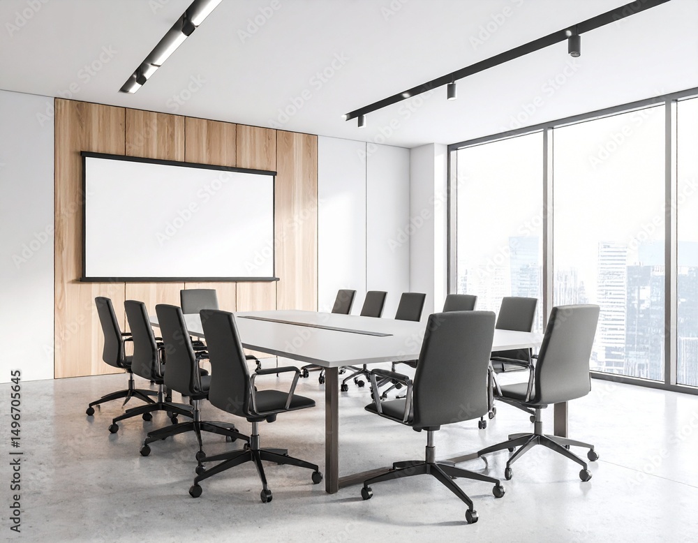 Fototapeta premium Blank screen in a light modern conference room without people.