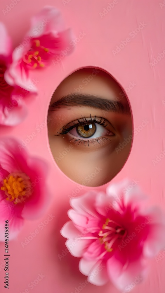 An intriguing close-up image features a captivating eye peeking through a perfectly shaped egg, surrounded by delicate pink flowers. The eye, the focal point. An intriguing close-up image features a captivating eye peeking through a perfectly shaped egg, surrounded by delicate pink flowers. The eye, the focal point.