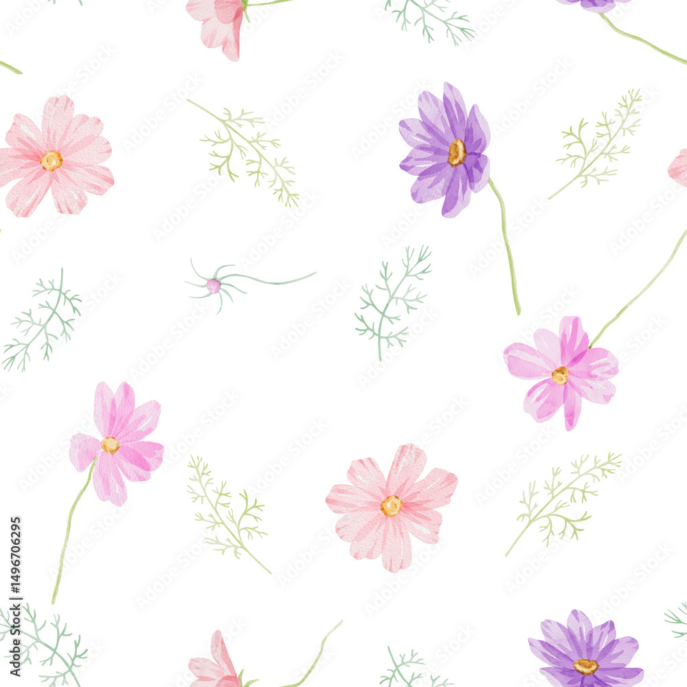 Fototapeta premium Seamless pattern of cosmea flowers. Hand-drawn watercolor illustration of purple-pink plants on white background. Abstract pattern for printing on fabric, clothes, wallpapers, wrap paper package, etc.