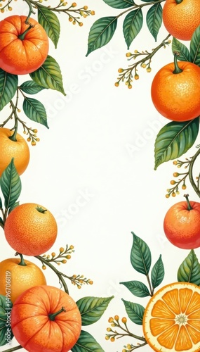 Hand-drawn orange fruit & floral gouache patterns , drawing, vintage