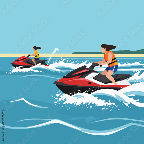 People Riding Water Scooters on the Sea with Safety Vests