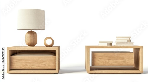 Collection of modern bedside tables with lamps in warm wood tones, isolated