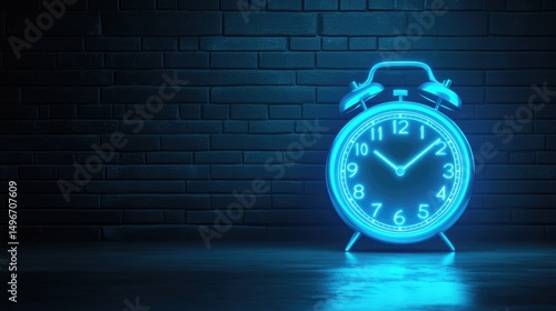 Glowing blue alarm clock on dark brick wall