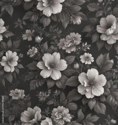 Subtle charcoal floral wallpaper; delicate blooms & leaves, vintage print , romantic, floral pattern, leaf