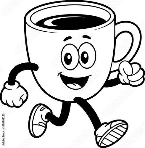 Happy coffee cup cartoon character running fast