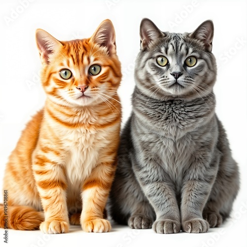 Wallpaper Mural Two Beautiful Cats – Ginger, and Gray – Sitting Together on White Background, AI Generated Torontodigital.ca