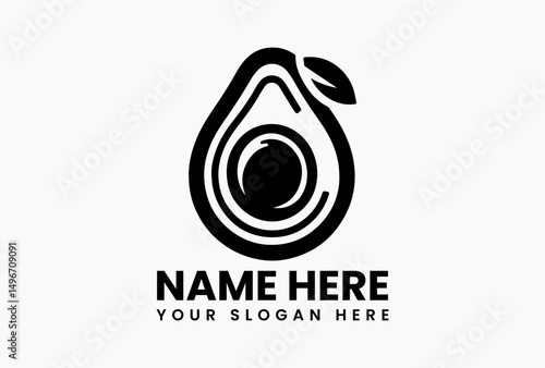 Minimalist black and white avocado outline with leaf vector logo. Healthy food and nutrition concept  