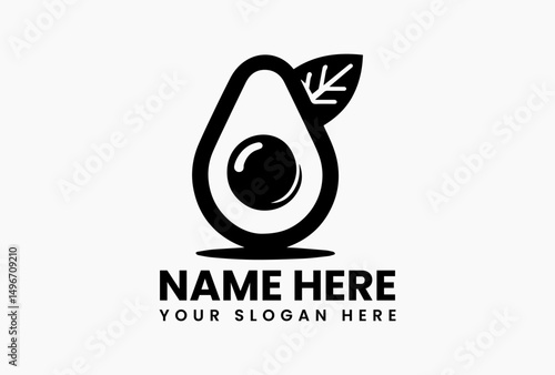 Minimalist black and white avocado outline with leaf vector logo. Healthy food and nutrition concept  