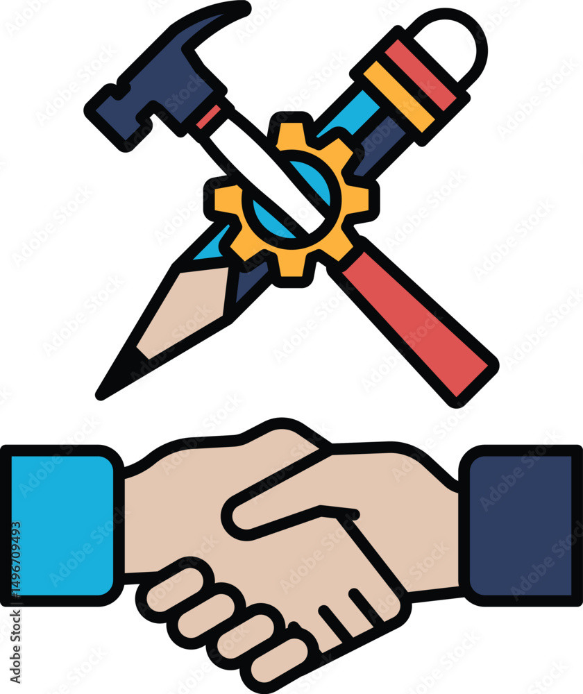 A handshake between two people with a hammer and a pencil in the background A handshake between two people with a hammer and a pencil in the background