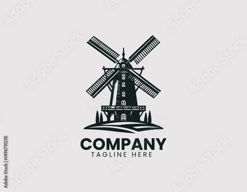 Traditional Old European Windmill Structure Illustration Vector Logo Design, Classic European Windmill Ancient Structure Illustration Vector Logo