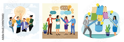 A group of professionals share ideas, communicate with speech bubbles, brainstorm with sticky notes.