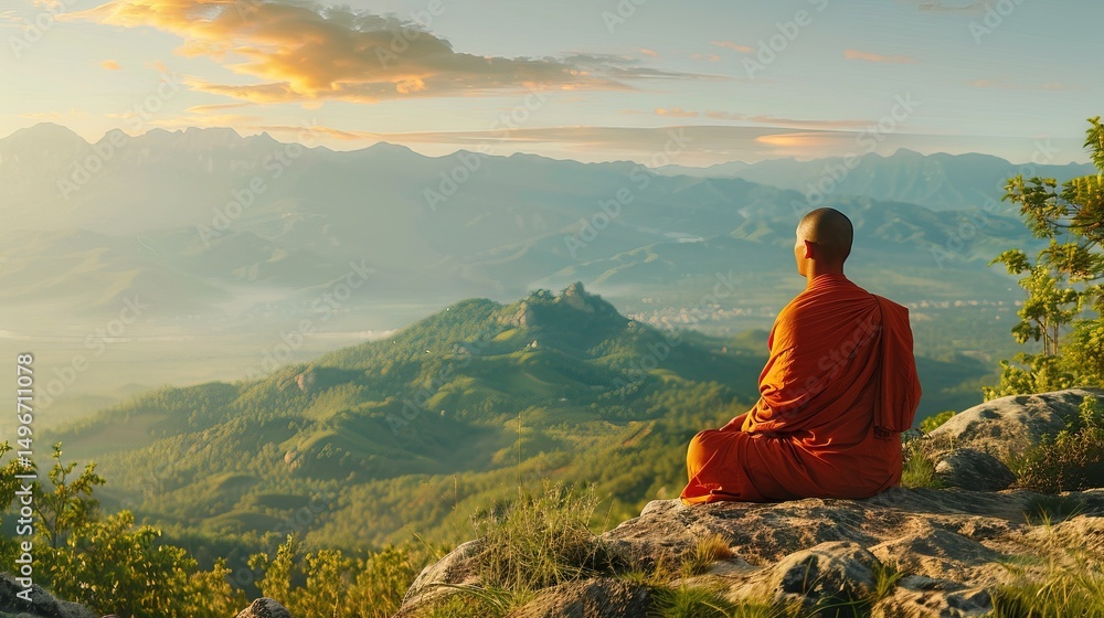 Fototapeta premium Silhouette Buddhist monk meditation on the rock side with a high mountain Generative AI