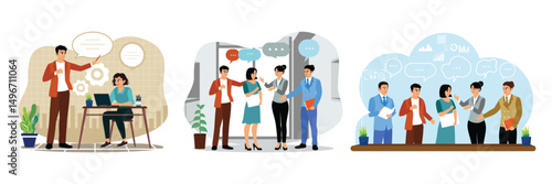 Collaboration between coworkers in the office, discussing and communicating with speech bubbles.