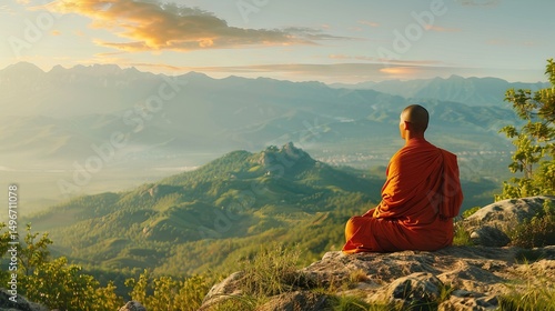 Silhouette Buddhist monk meditation on the rock side with a high mountain Generative AI
