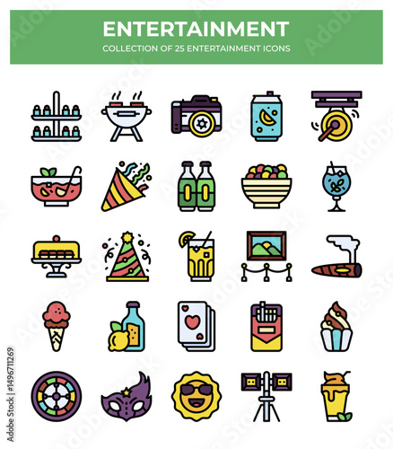 Collection of 25 Entertainment Icons. Party. Fun. and Leisure Activities