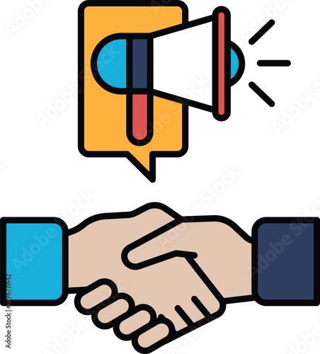 A hand shake between two people with a large speaker in the background