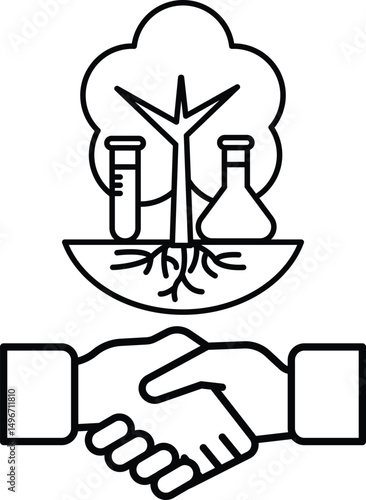 A handshake between two people is shown with a tree and a lab in the background