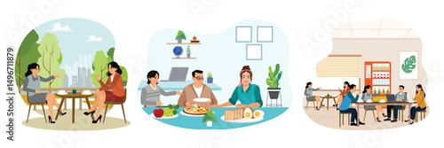 Employees and coworkers are taking a break, eating and drinking together in the office canteen.