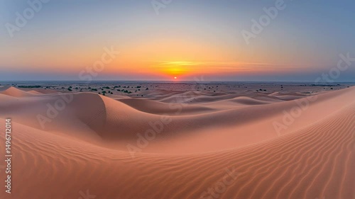 Golden desert sunrise over rolling sand dunes captured in dynamic timelapse magic