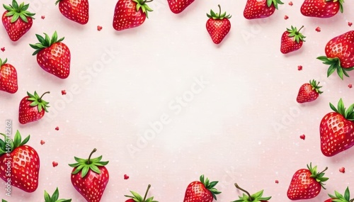 Watercolor style strawberry pattern with green leaves on light pink background , fruit, artistic