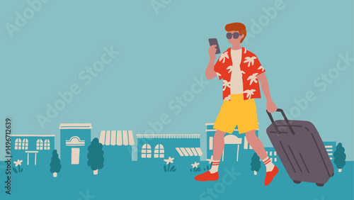 夏の旅行ベクターイラスト - アロハシャツを着てスマートフォンとスーツケースを持つ観光客のバナーテンプレート Summer Travel Vector Illustration - Banner template of tourist in aloha shirt with smartphone and suitcase