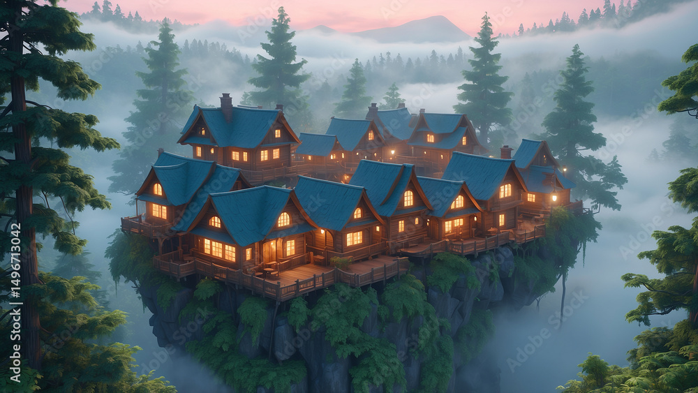 Obraz premium Morning fog wraps a deep forest village built from wood with glowing light in golden coral hues and glossy rooftops barely visible through thick mist