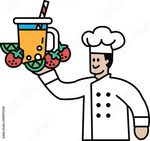 A chef is holding a cup of juice with a straw and a bunch of strawberries