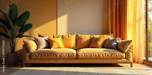 A plush, comfy couch takes center stage, bathed in warm, inviting light  The perfect spot to relax and unwind after a long day, embodying ultimate comfort and relaxation ,  soft,  furniture,  decor