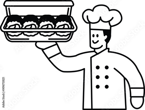 A chef is holding a tray of food and smiling