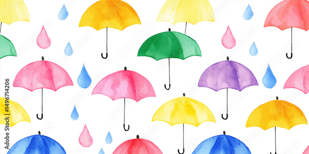 Obraz premium 雨粒と虹色の傘が舞う水彩パターン背景素材｜梅雨・レイングッズ・かわいい傘・手描きイラスト・水滴モチーフ・ファブリック・パターンデザイン・夏の背景素材