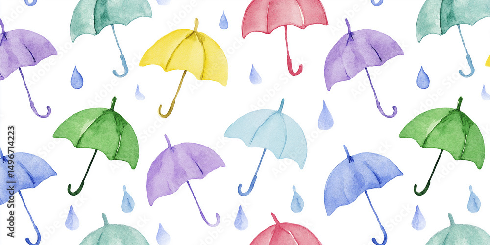 Obraz premium 水彩風のカラフルな傘と雨粒のシームレスパターン背景|手描きイラスト・梅雨・レイニーシーズン・装飾素材・ポップ・明るい・雨の日デザイン・バックグラウンド