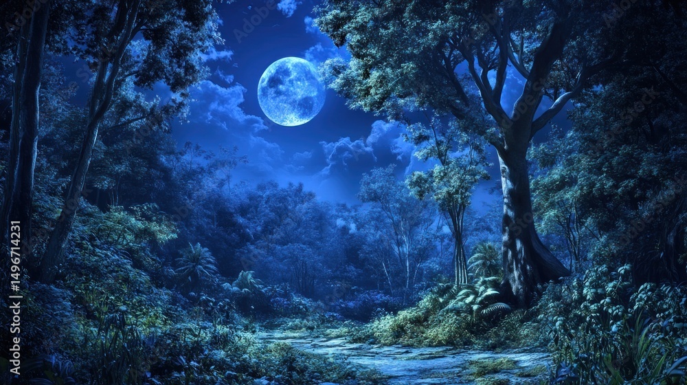 Fototapeta premium Lush nocturnal forest path under a full moon