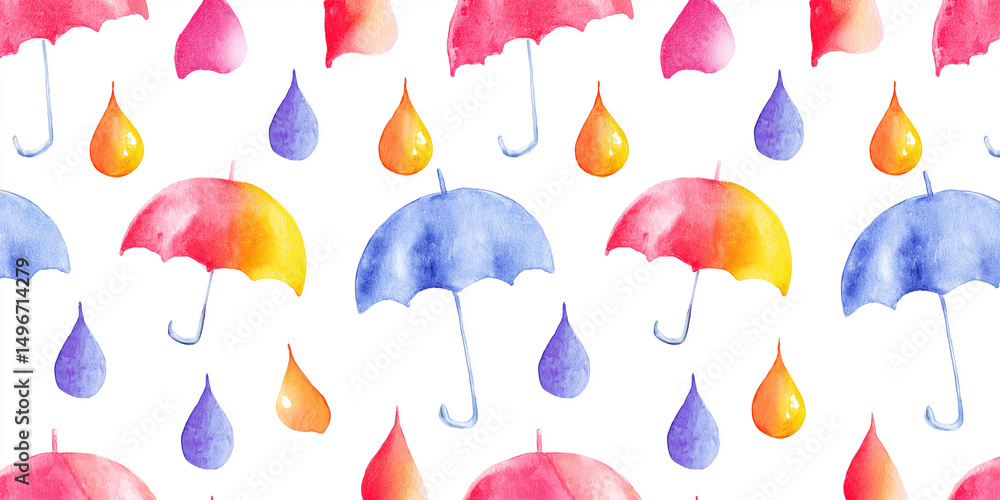 Obraz premium 水彩風のカラフルな傘と雨粒のシームレスパターン背景｜手描きイラスト・梅雨・レイニーシーズン・装飾素材・ポップ・明るい・雨の日デザイン・バックグラウンド
