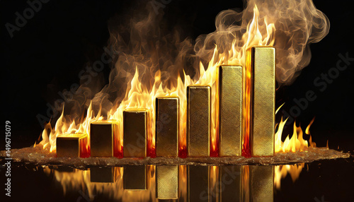 Gold bars are burning stock chart flames are rising on a black background