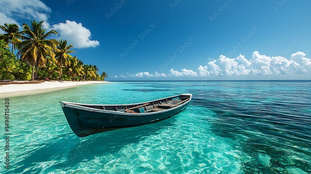 Naklejka premium Tranquil turquoise waters of a tropical beach with a small boat.