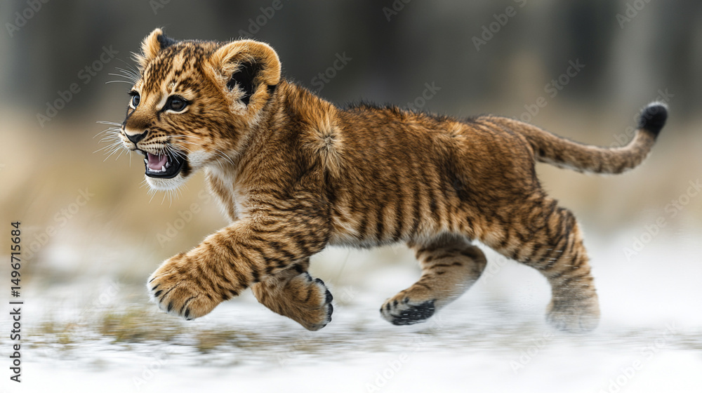 Obraz premium 3D clipart of a hyper-detailed lion cub mid-roar, playful yet majestic expression, isolated on white background