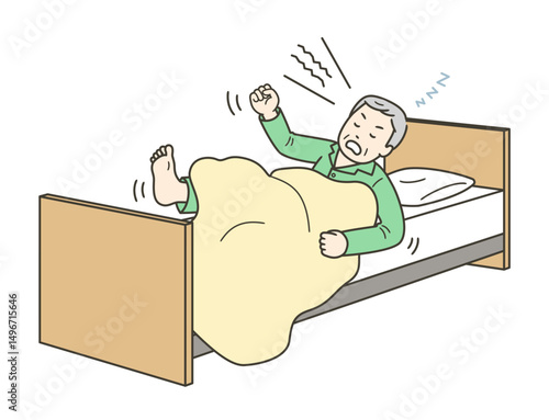 睡眠中に大声を出して暴れる高齢男性のイラスト