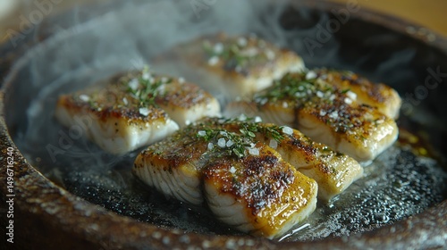 Wallpaper Mural Fish fillets sizzling on stone plate, garnished with herbs Torontodigital.ca